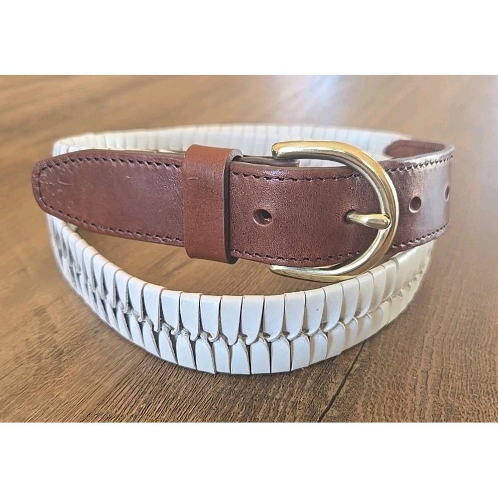 VTG Fossil Ladies Fishbone Braided Belt 1" Wide Leather White/Brown Medium 32-36